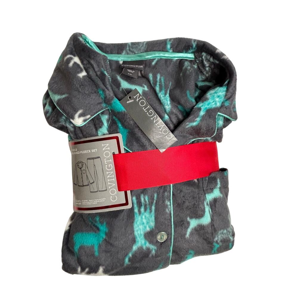 Covington New 2 Pc Brushed Fleece Pajama Set Teal Gray Deer Pattern Womens Large